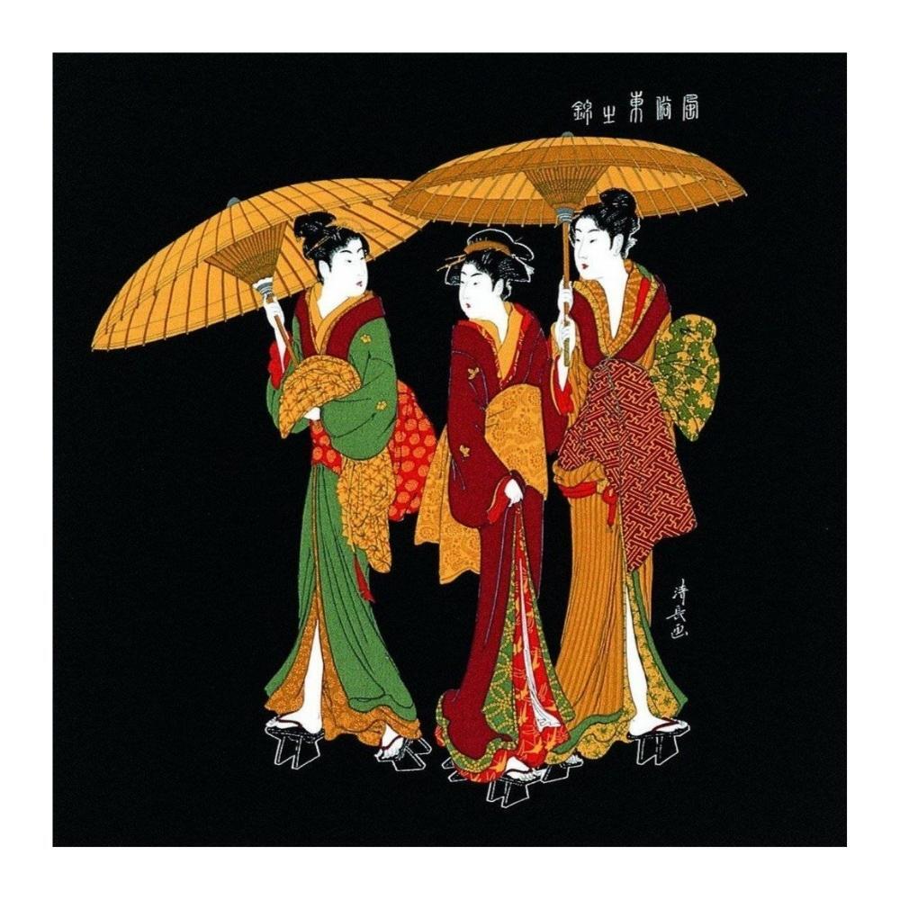 Musubi 68 Three Women In The Rain  Chirimen Furoshiki Wrapping Cloth