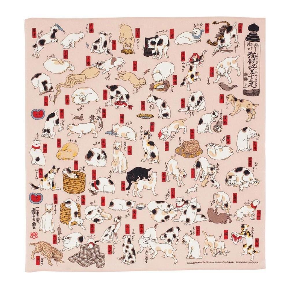 Musubi 68 The Great Cats of Tokaido Chirimen Furoshiki Wrapping Cloth