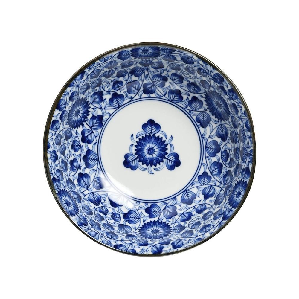 Mino Ware Indigo Chrysanthemum Japanese Porcelain Ramen Bowl