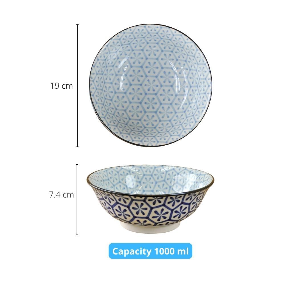Mino Ware Indigo Hanakikkou Japanese Porcelain Ramen Bowl