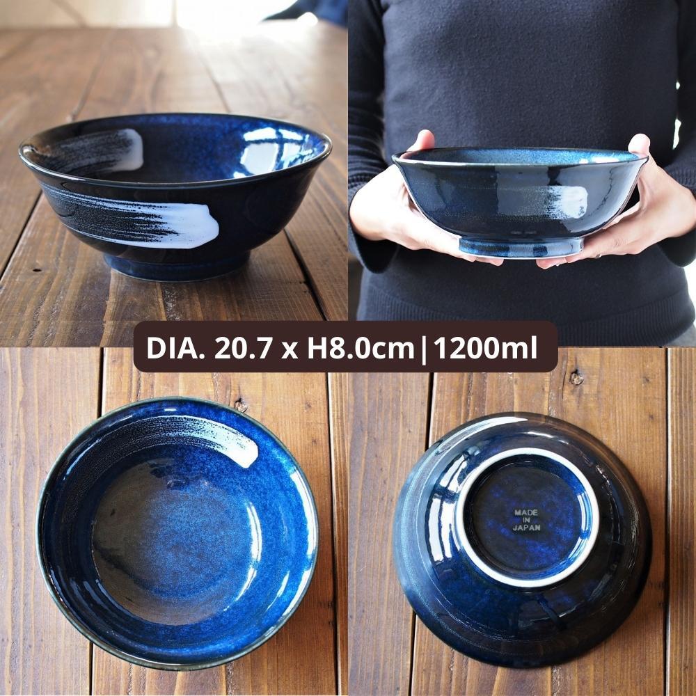 Minoru Pottery Kiln Navy Brush Porcelain Ramen Bowl 21cm