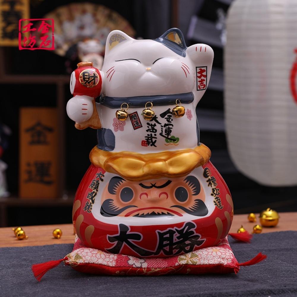 Maneki-Neko Sitting on Daruma Ornament 26cm Lucky Cat