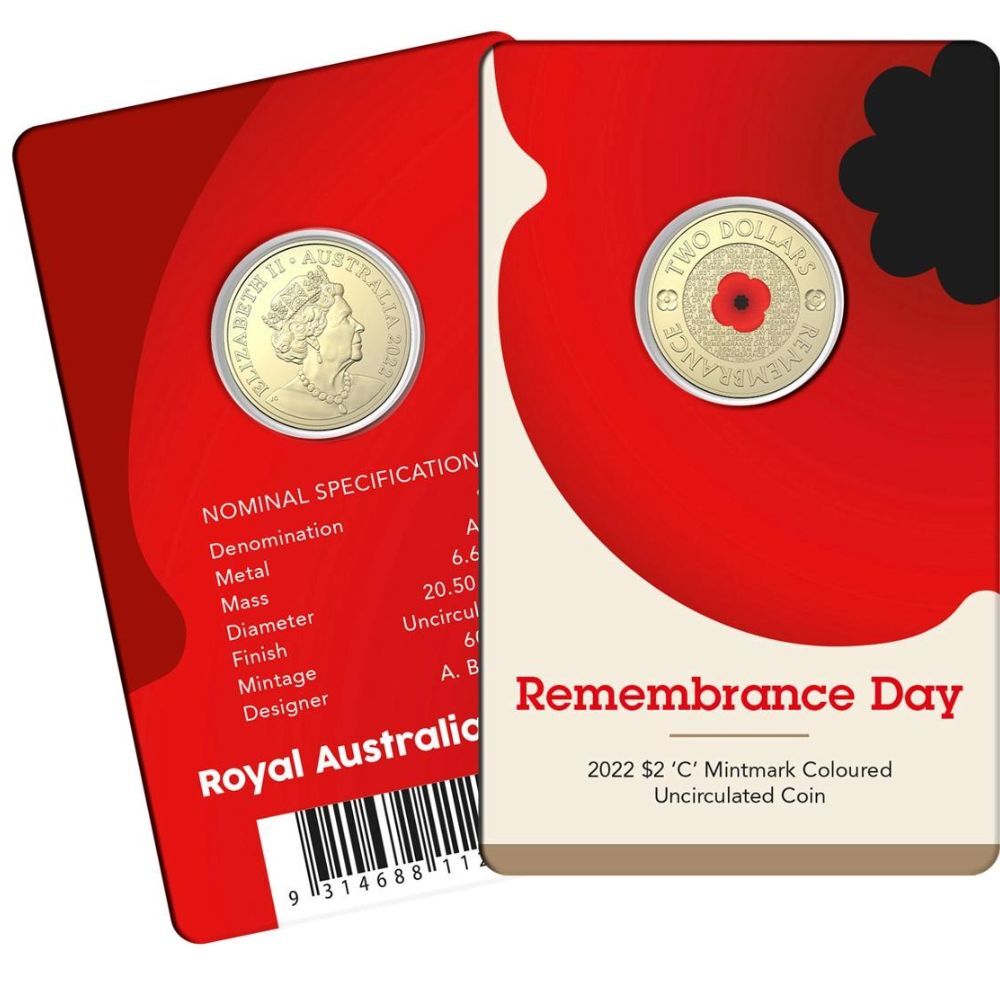 2022 Red Poppy Remembrance Day $2 C Mintmark Coloured Coin
