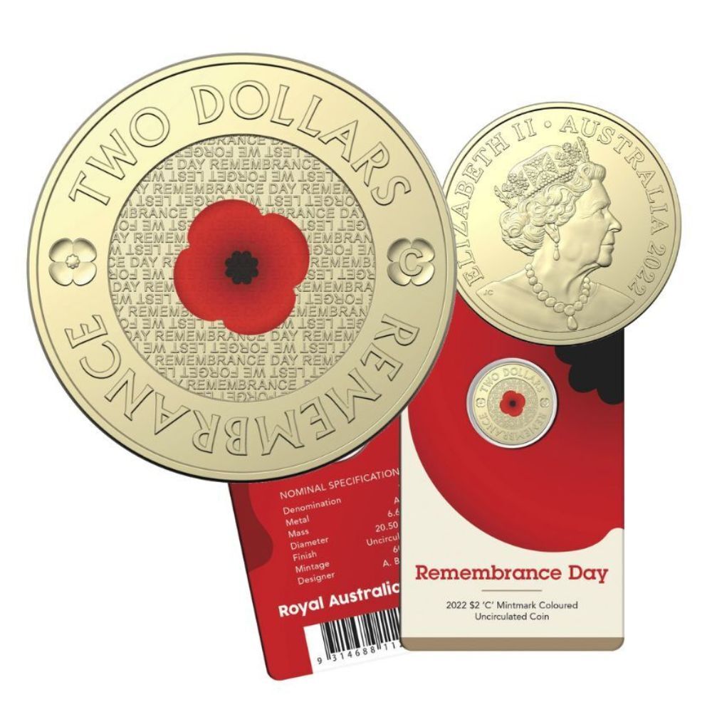 2022 Red Poppy Remembrance Day $2 C Mintmark Coloured Coin