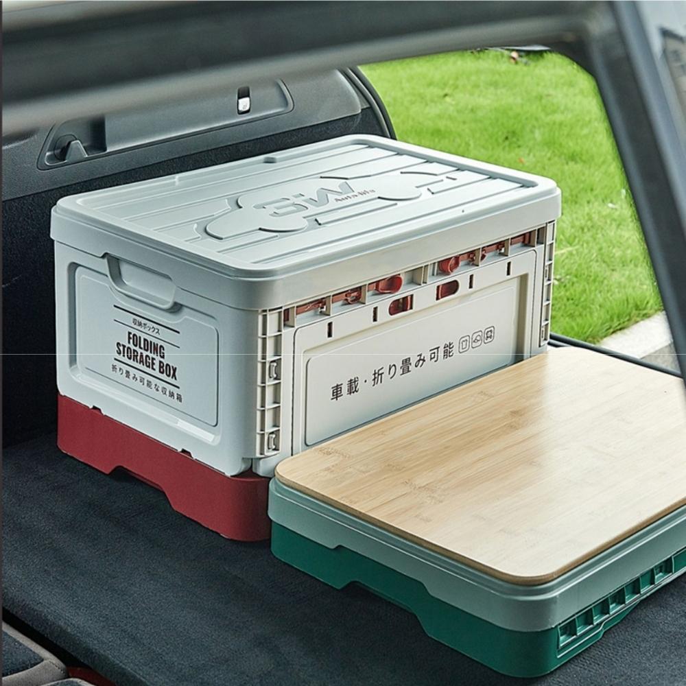 Outdoor Camping Folding Storage Box with Wooden Lid - Mountain Grey